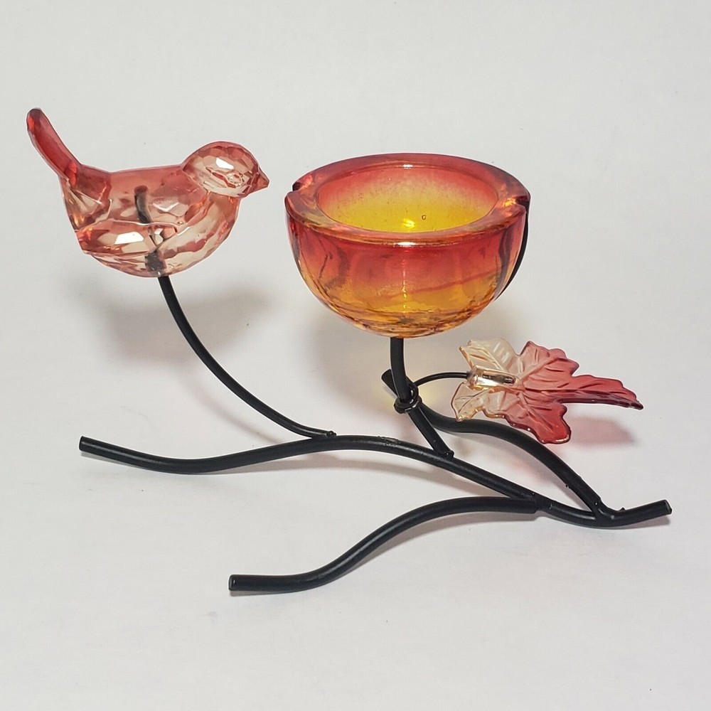 Acrylic Candle Holder Red & Yellow Bird Leaf and Metal Branch Base 6.5L by 4H.